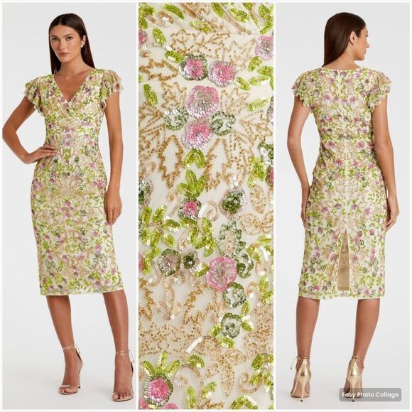 Mac Duggal Womens Floral Embellished Flutter Cap Sleeve Dress 5722 Cream - Picture 5 of 16